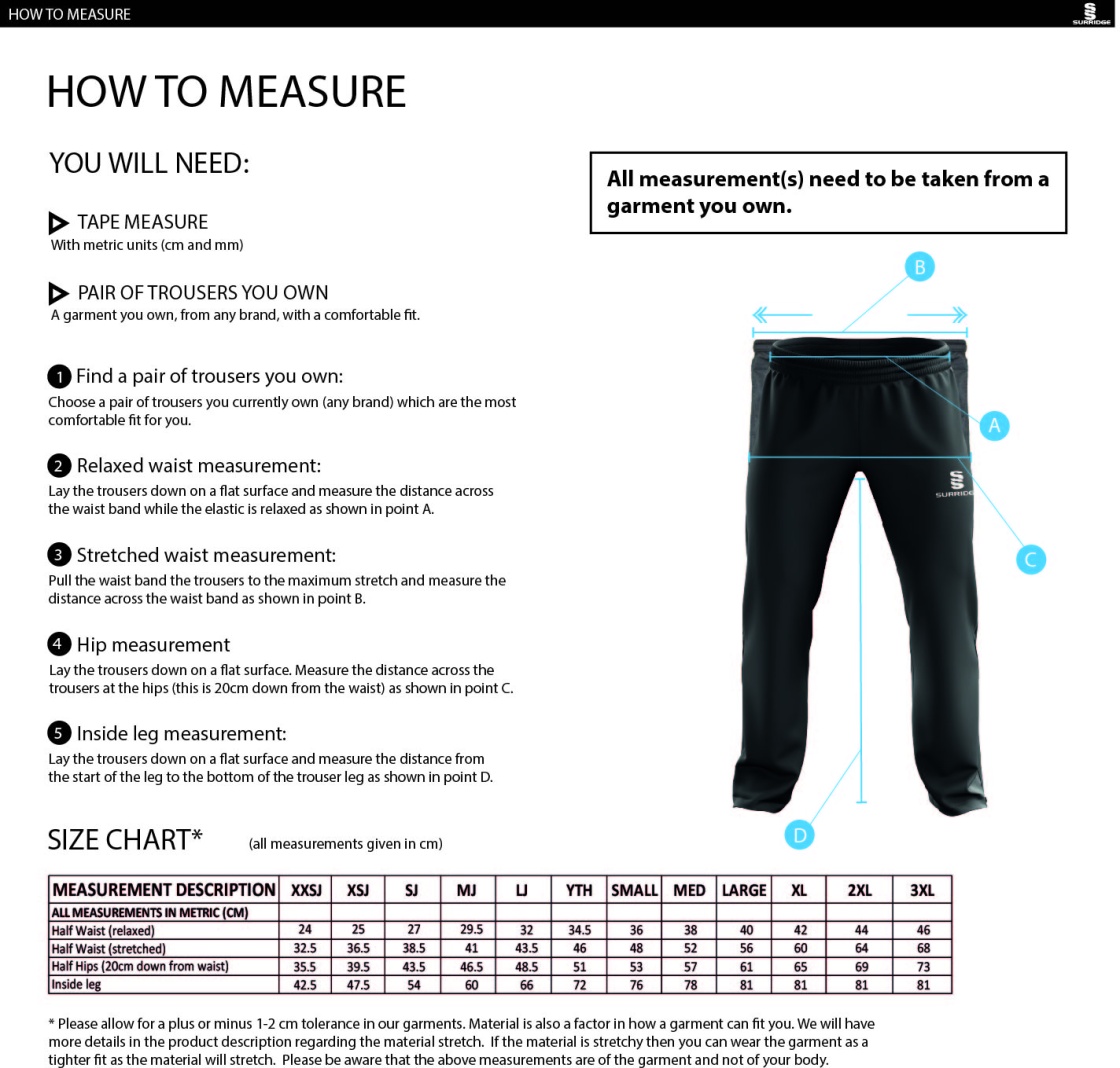 East & West Hendred CC - Dual Poplin Track Pant with Lycra - Size Guide