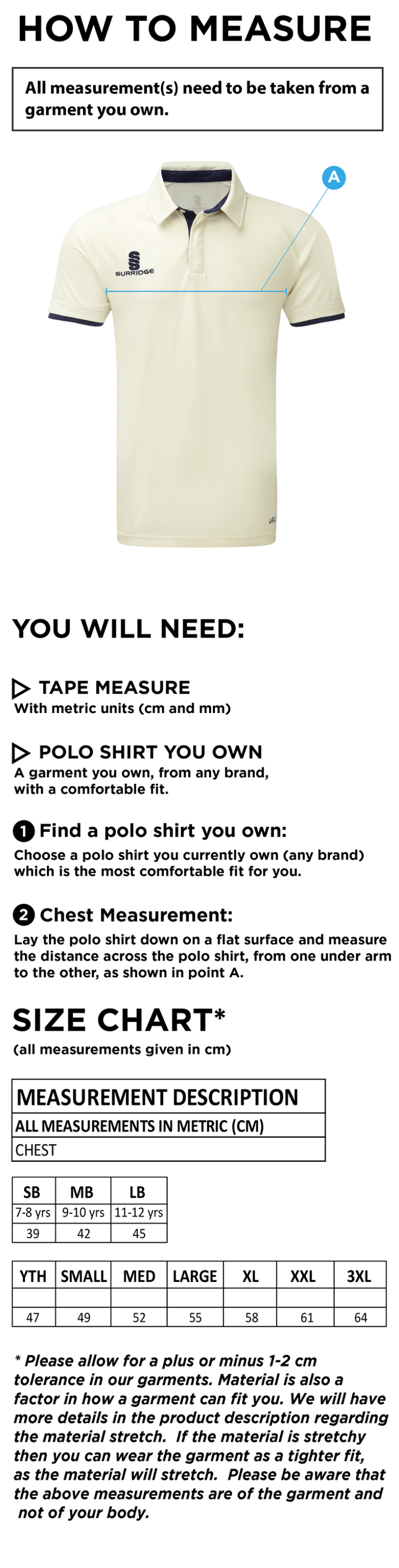 East & West Hendred CC - Ergo Cricket Shirt - Short Sleeve - Size Guide