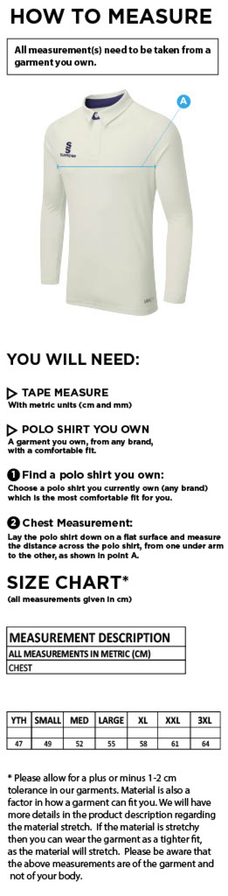 East & West Hendred CC - Ergo Cricket Shirt - Long Sleeve - Size Guide