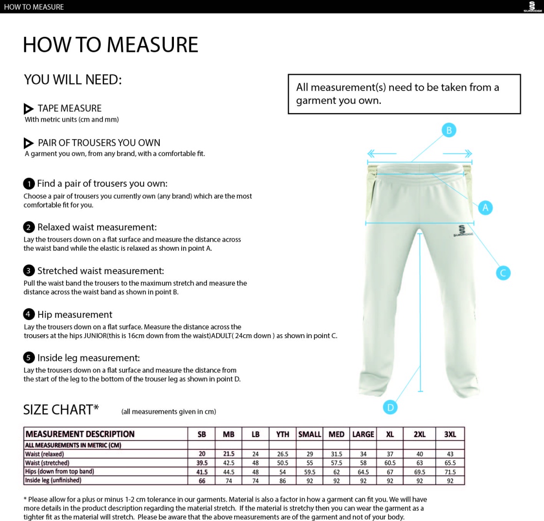 East & West Hendred CC - Standard Playing Pant - Size Guide