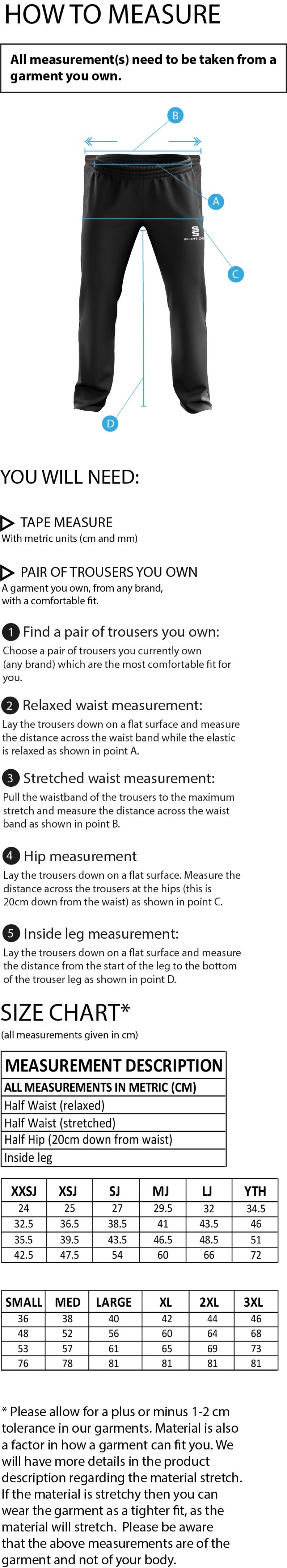 East & West Hendred CC - Dual Poplin Track Pant with Lycra - Size Guide