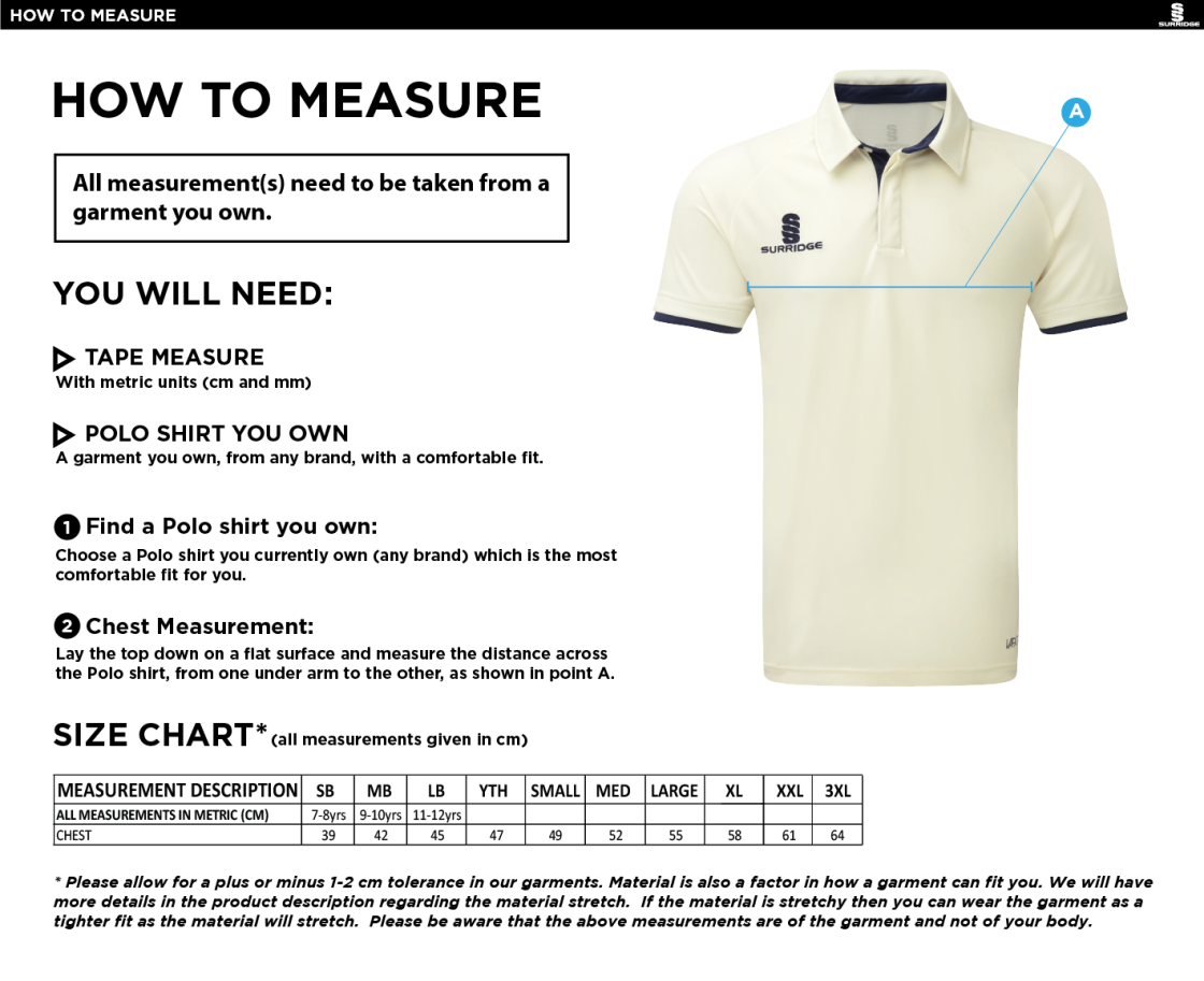 East & West Hendred CC - Ergo Cricket Shirt - Short Sleeve - Size Guide