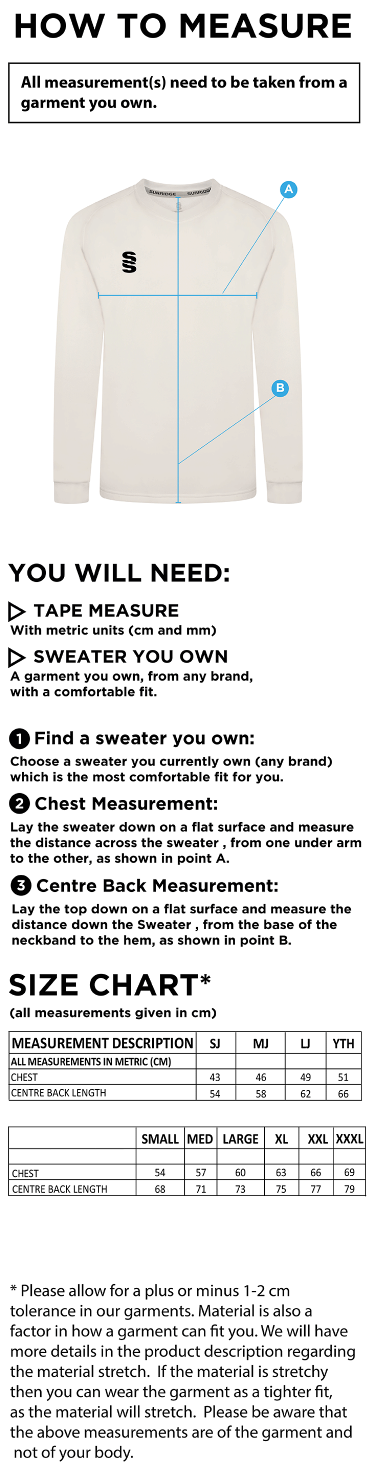 East & West Hendred CC - Blast Cricket Sweater - Long Sleeve - Size Guide