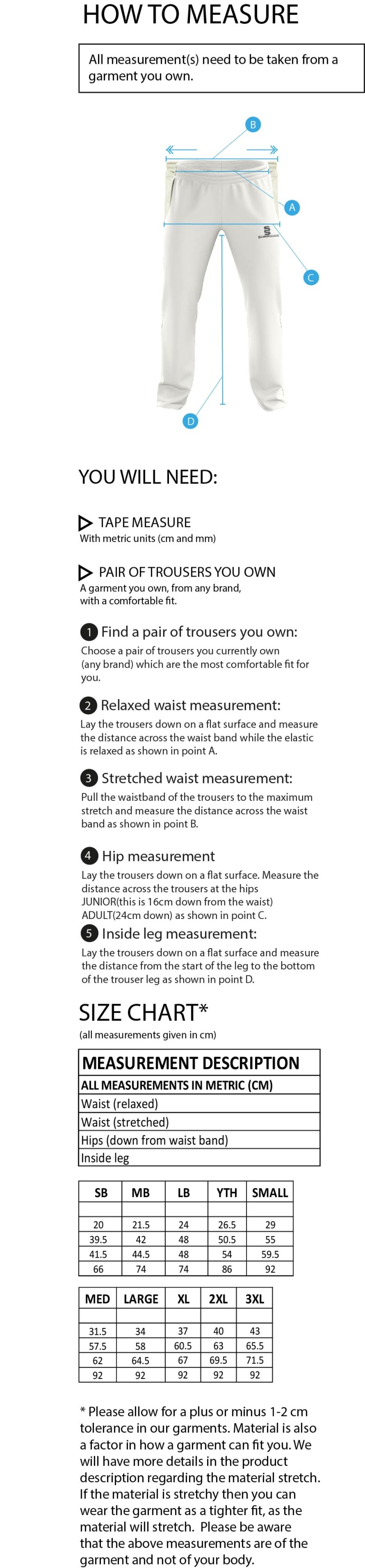 East & West Hendred CC - Standard Playing Pant - Size Guide