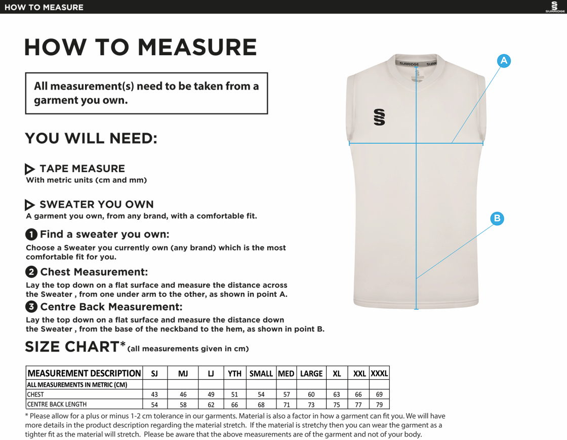 East & West Hendred CC - Blast Cricket Sweater - Sleeveless - Size Guide