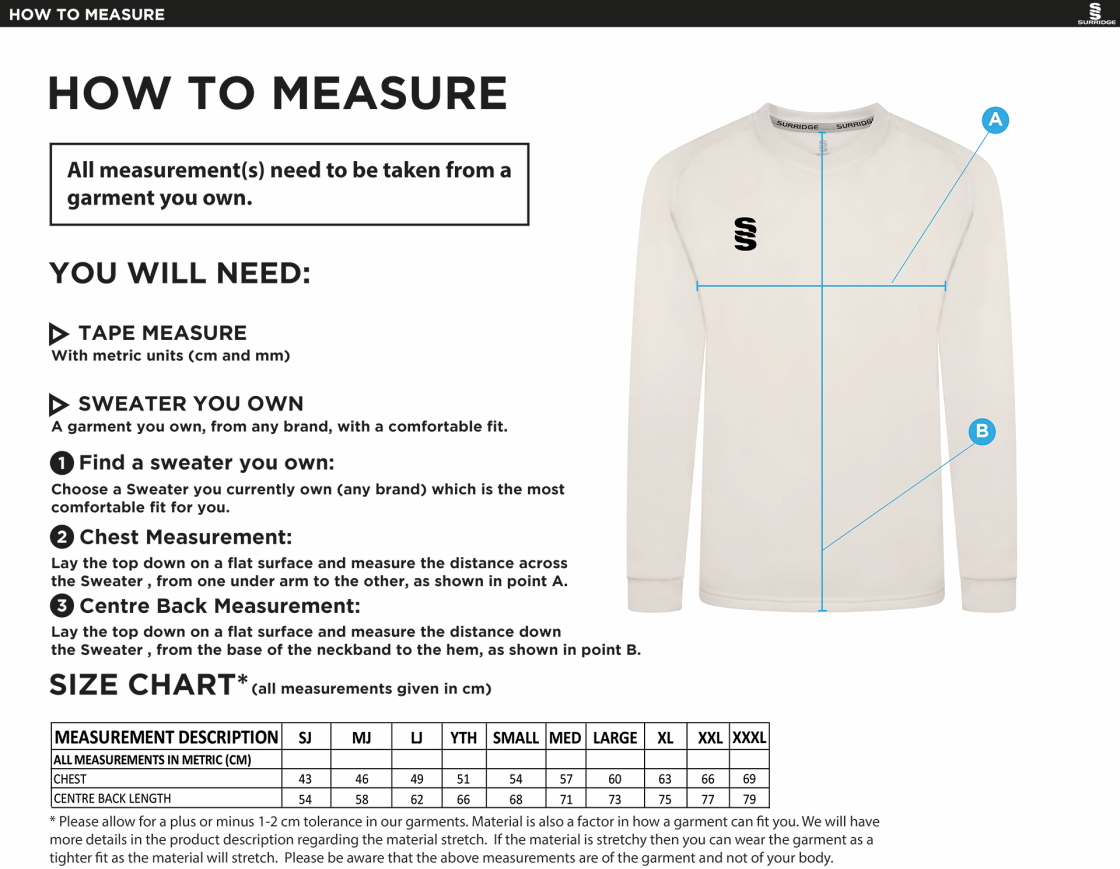 East & West Hendred CC - Blast Cricket Sweater - Long Sleeve - Size Guide