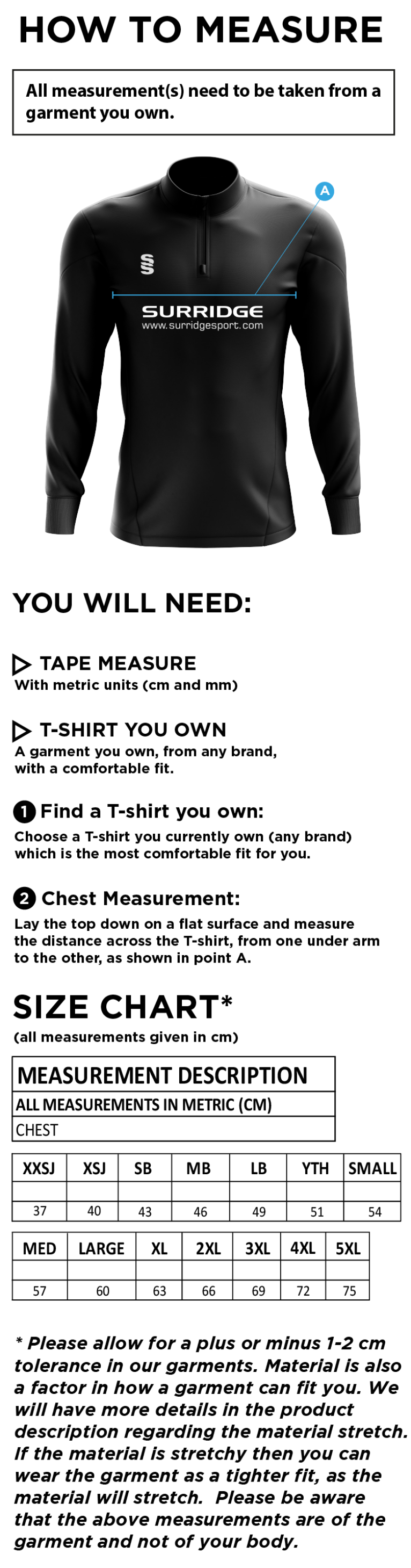 East & West Hendred CC - Active Performance Top - Size Guide