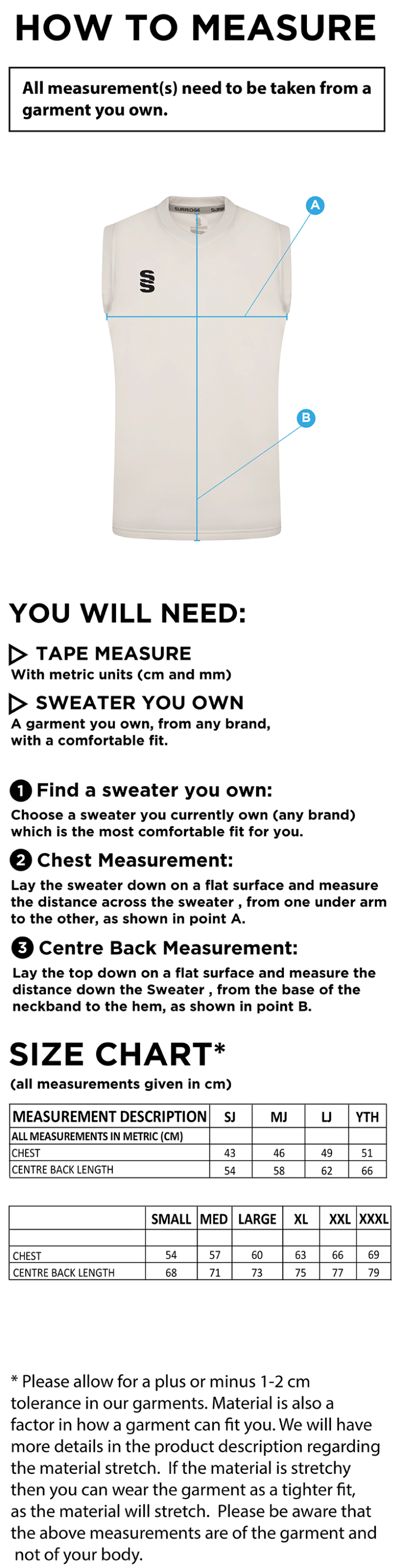 East & West Hendred CC - Blast Cricket Sweater - Sleeveless - Size Guide