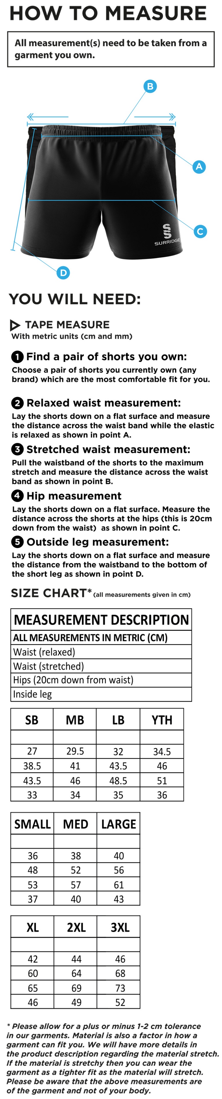 East & West Hendred CC - Performance Gym Short - Size Guide