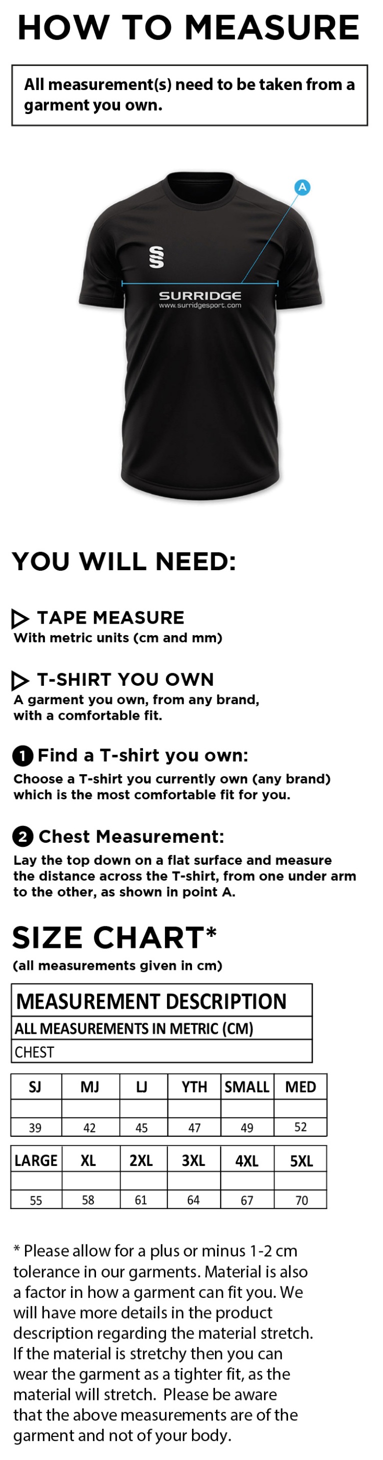 East & West Hendred CC - Impact T-Shirt - Size Guide