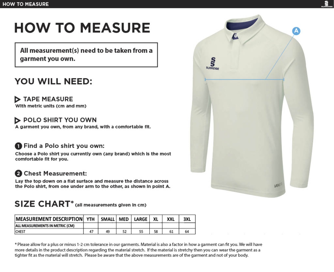 East & West Hendred CC - Ergo Cricket Shirt - Long Sleeve - Size Guide