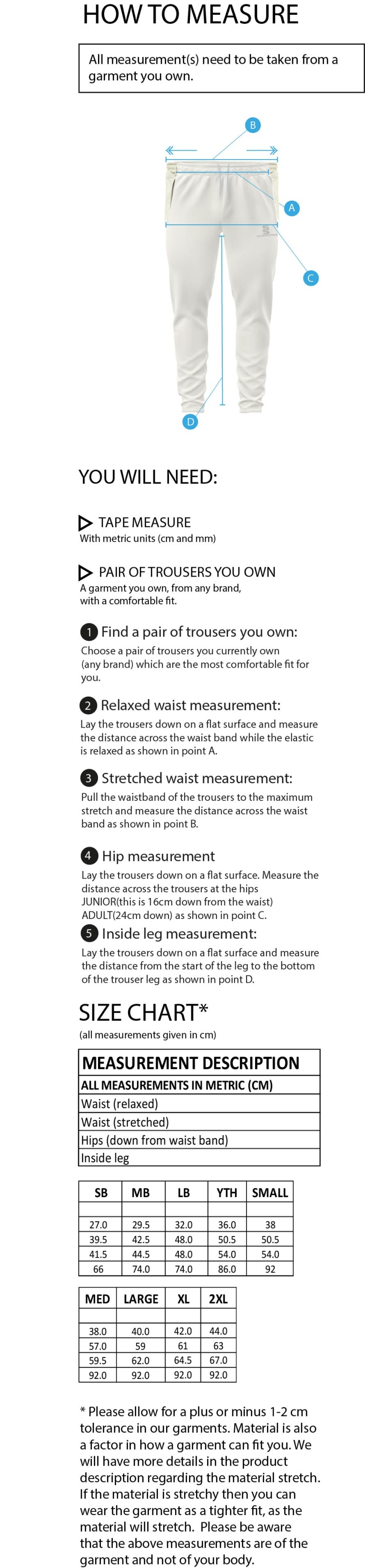 East & West Hendred CC - Ergo Playing Pant - Size Guide