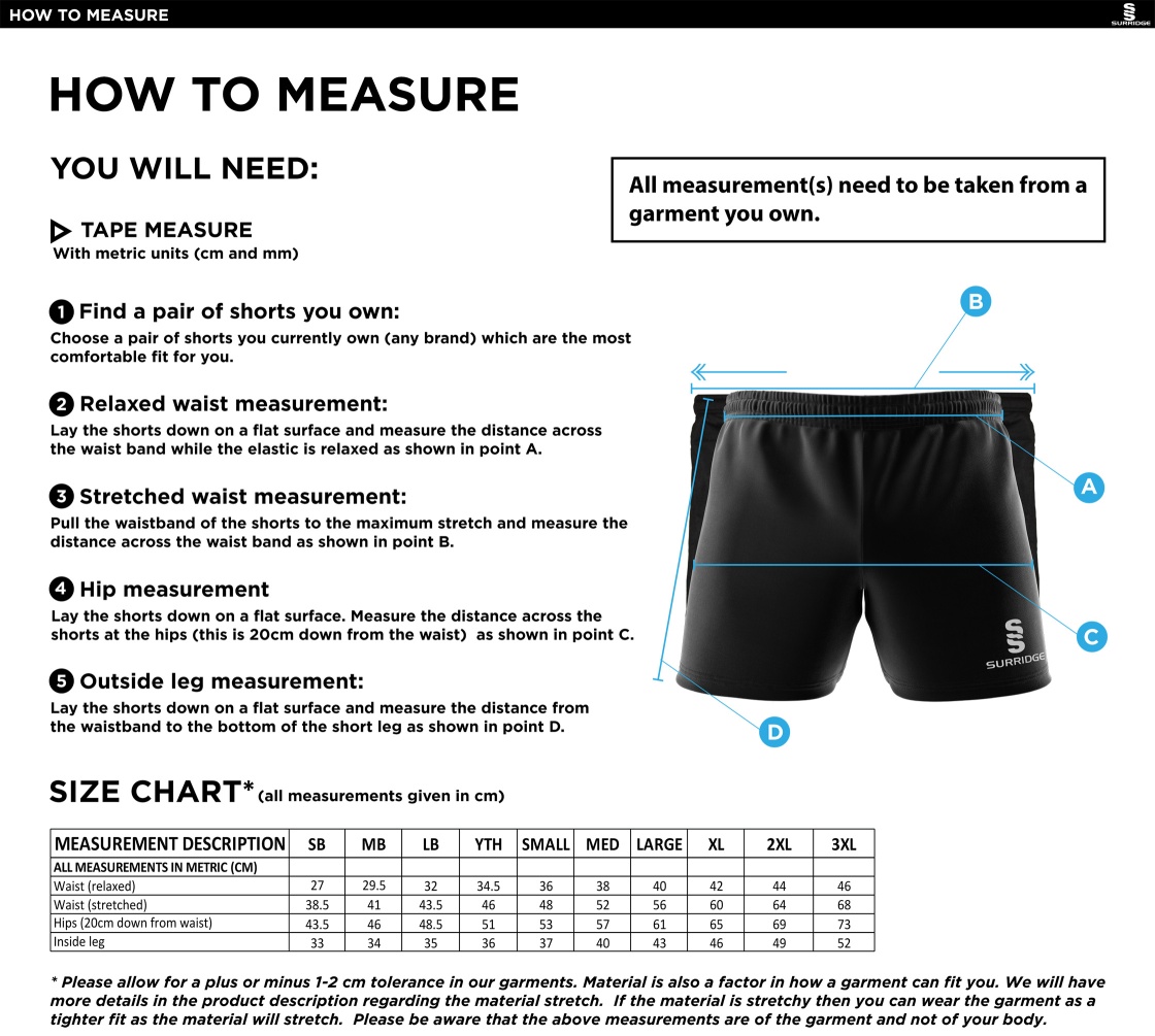 East & West Hendred CC - Performance Gym Short - Size Guide