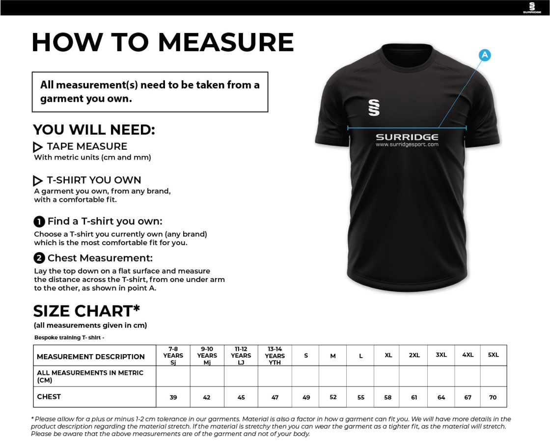 East & West Hendred CC - Impact T-Shirt - Size Guide